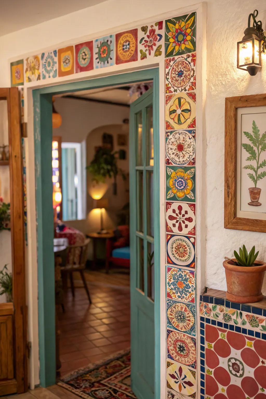 This bohemian-style room is enhanced by tile trim, which adds a distinctive and artistic touch.