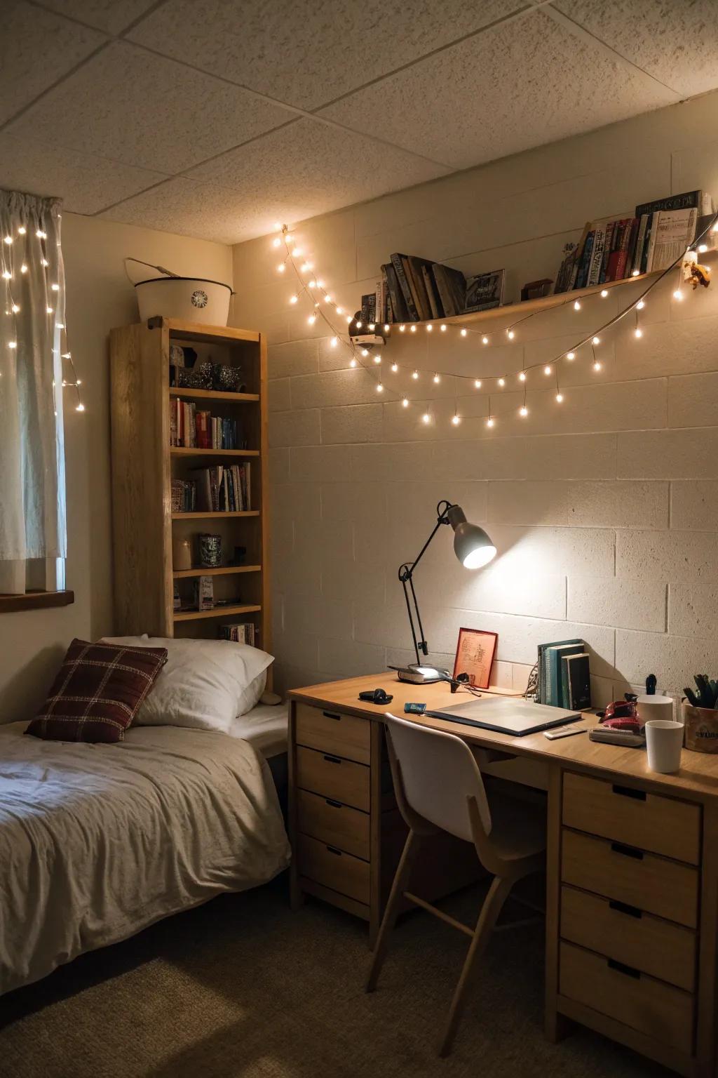 A dormitory featuring warm lighting that creates a cozy and welcoming atmosphere.