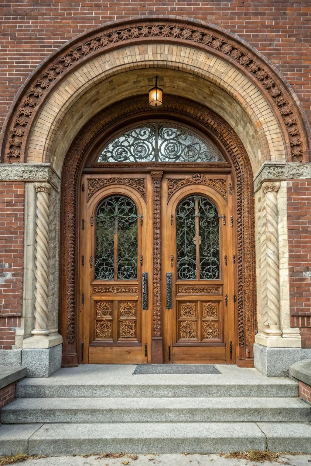 Noble arched doors that impart greatness to the portal.