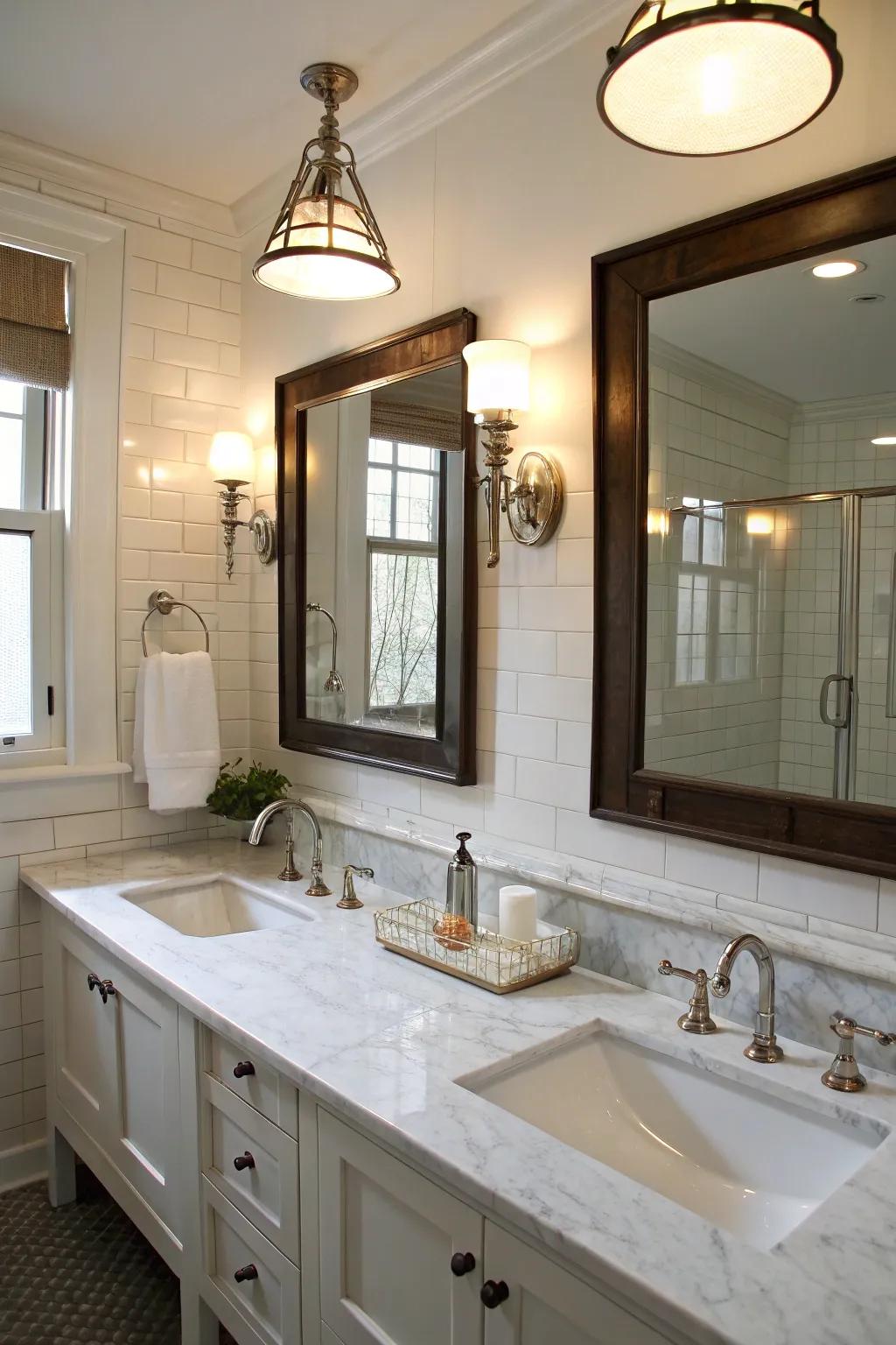 Stylish wall lamps and hanging lights beautifully brighten these double sinks.