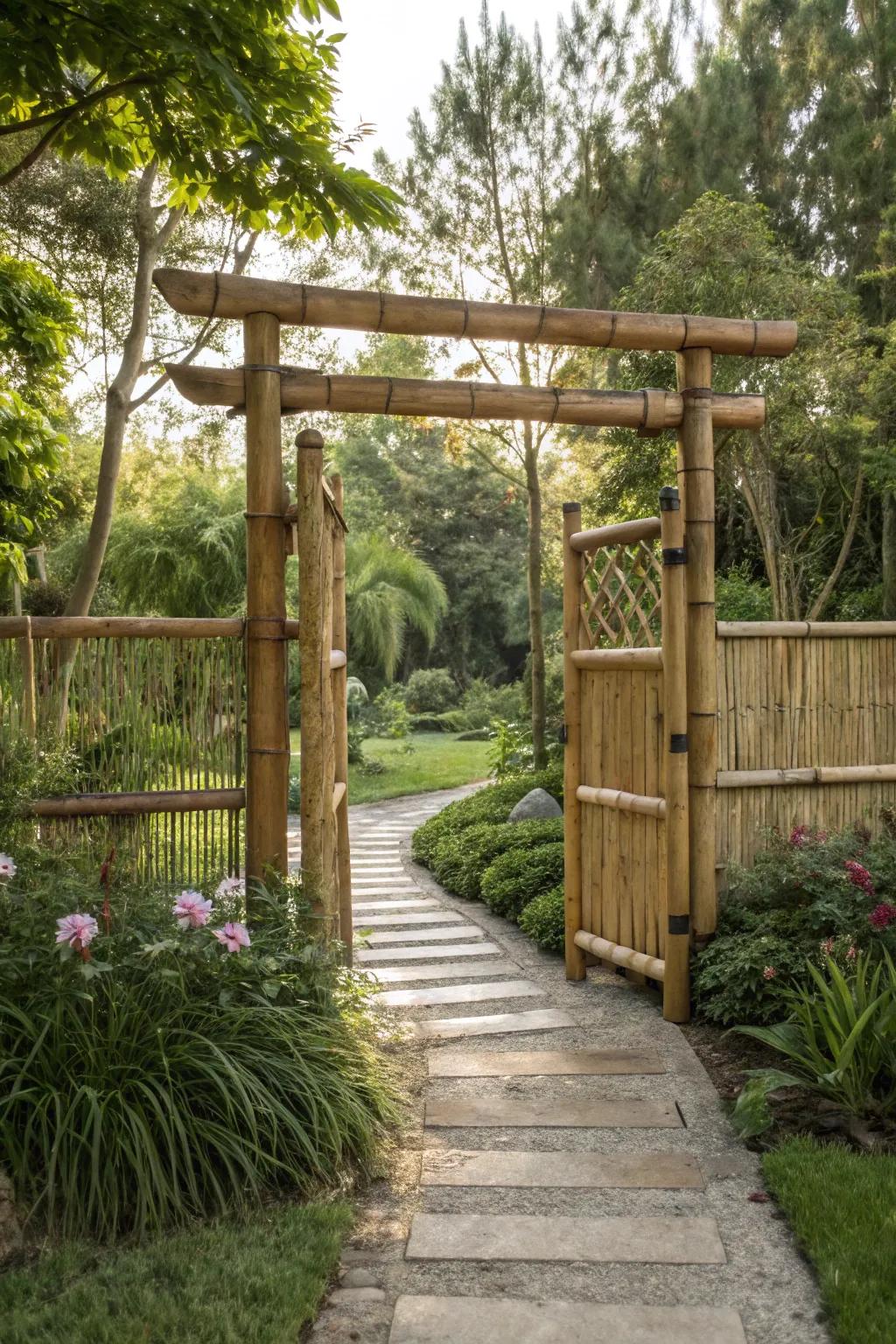 An eco-friendly cane entrance with an exotic charm.