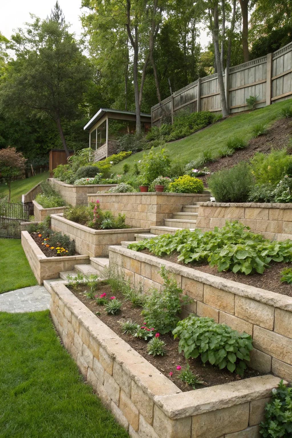Stabilizing walls aid in managing slopes while adding usable flat surfaces.