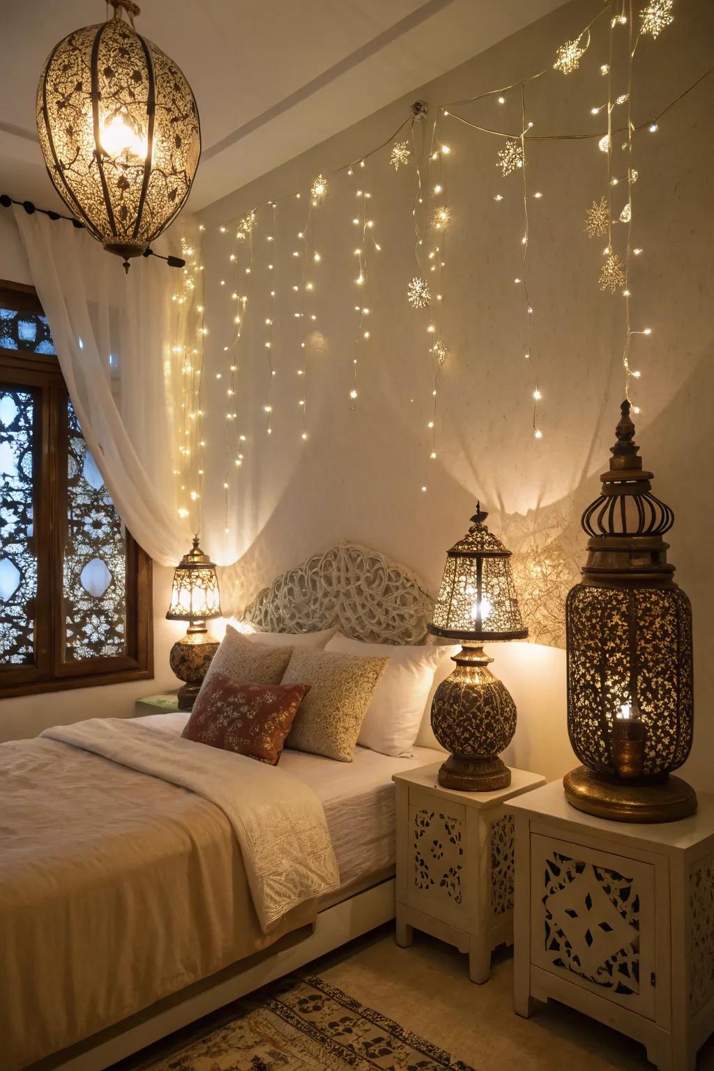Distinct lighting adds warmth and charm to the bedroom.