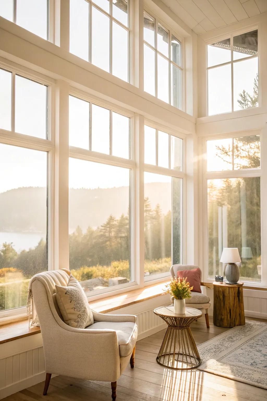 A bright and breezy room with large windows allowing sunlight to enter.