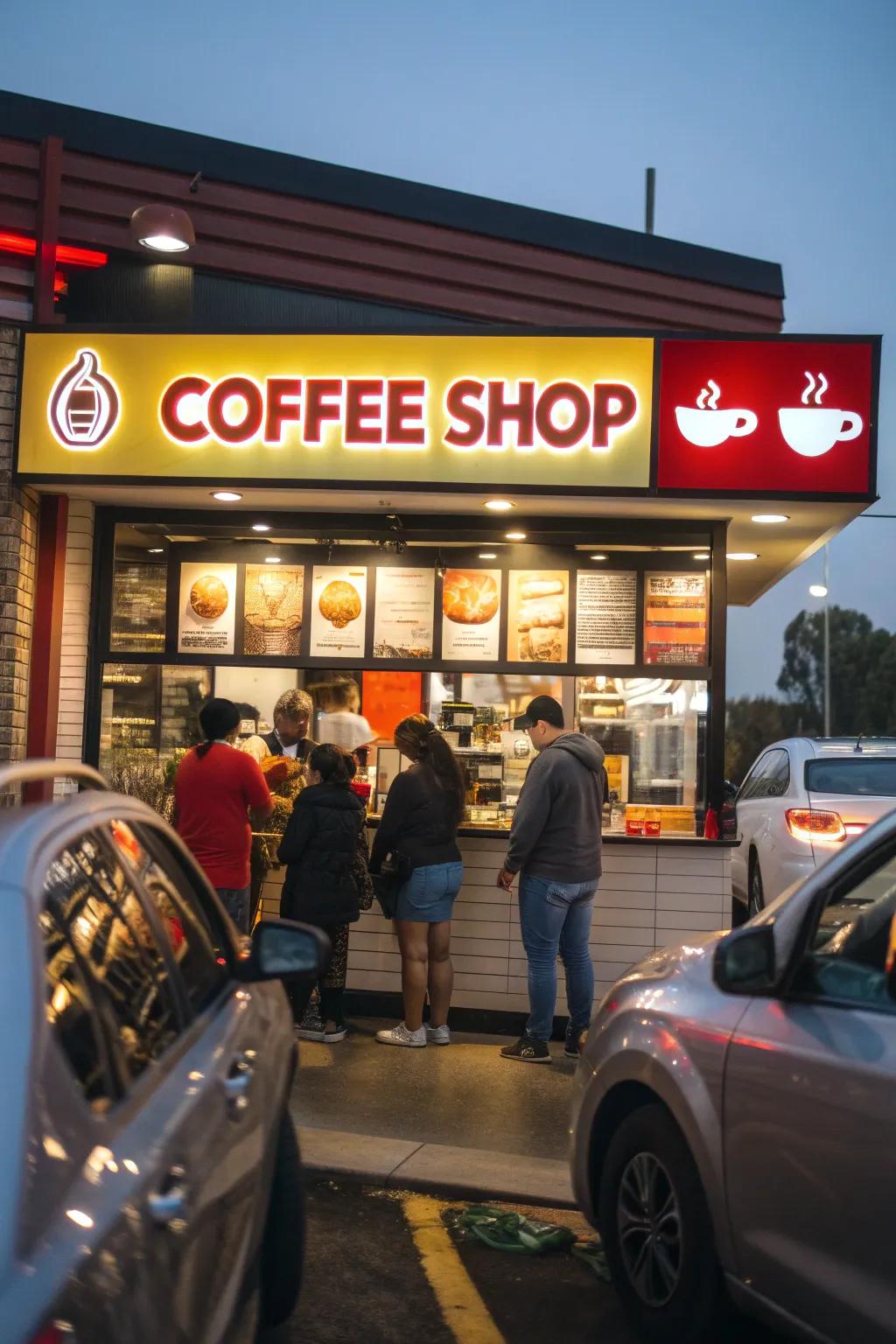 Drive-thru coffee shop with bold and unmistakable branding.