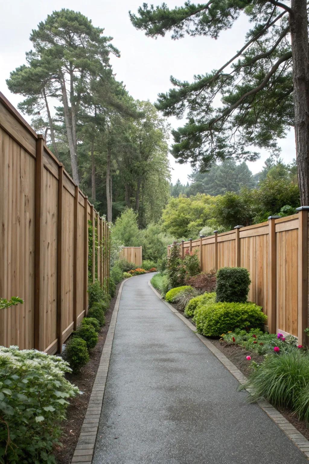 Tall wooden panels offer privacy and style.
