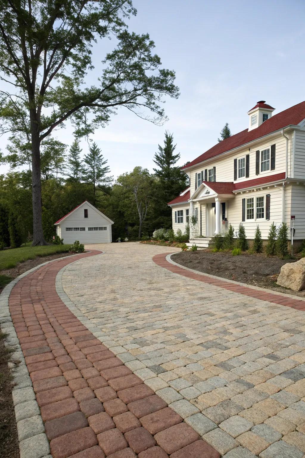 A vibrant driveway showcasing a fusion of stone and brick blocks for enhanced texture.