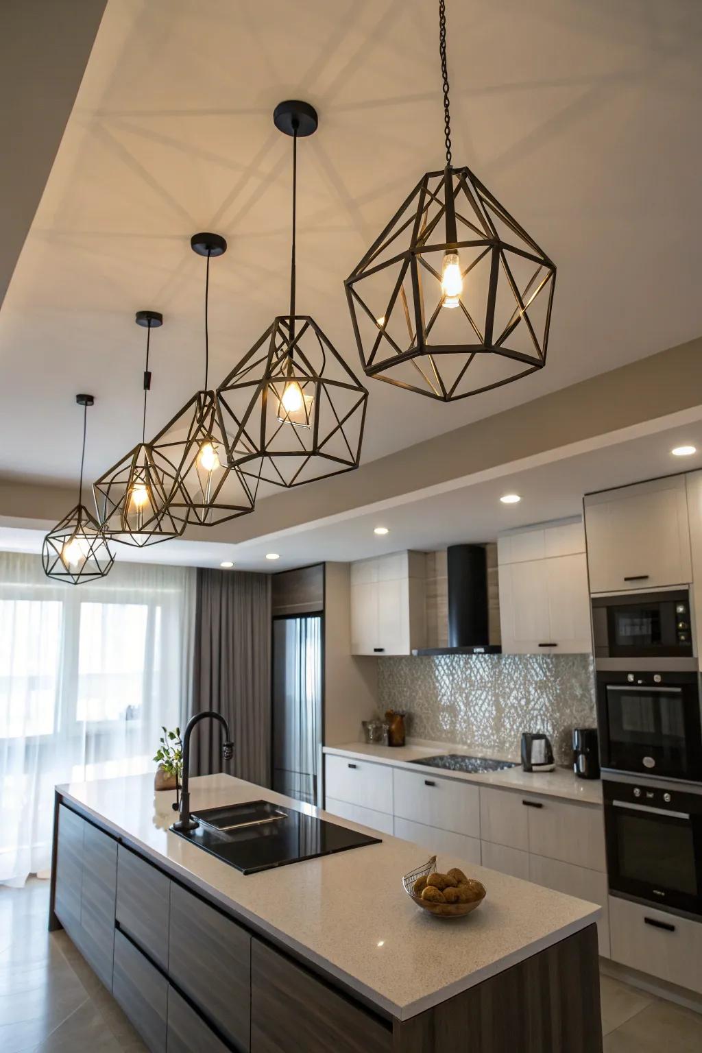Angular pendants inject an edgy touch to this cooking area.