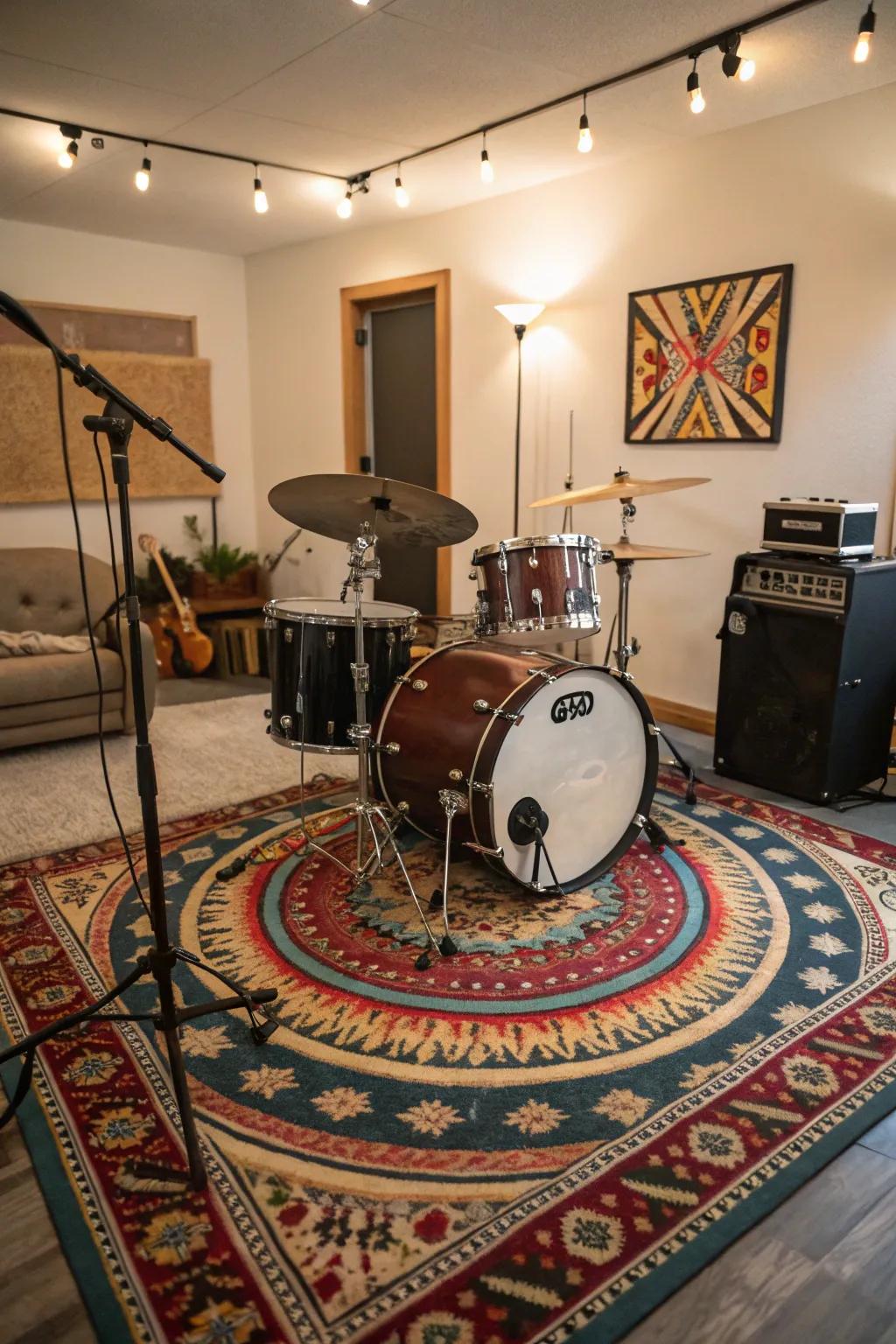 Rugs provide soundproofing and also improve the look of the drum room.
