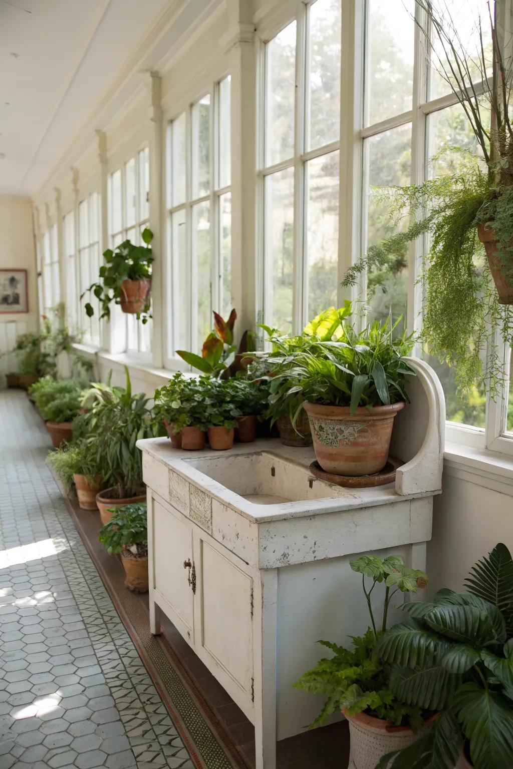 A cabinet sink transformed into a vibrant plant display.