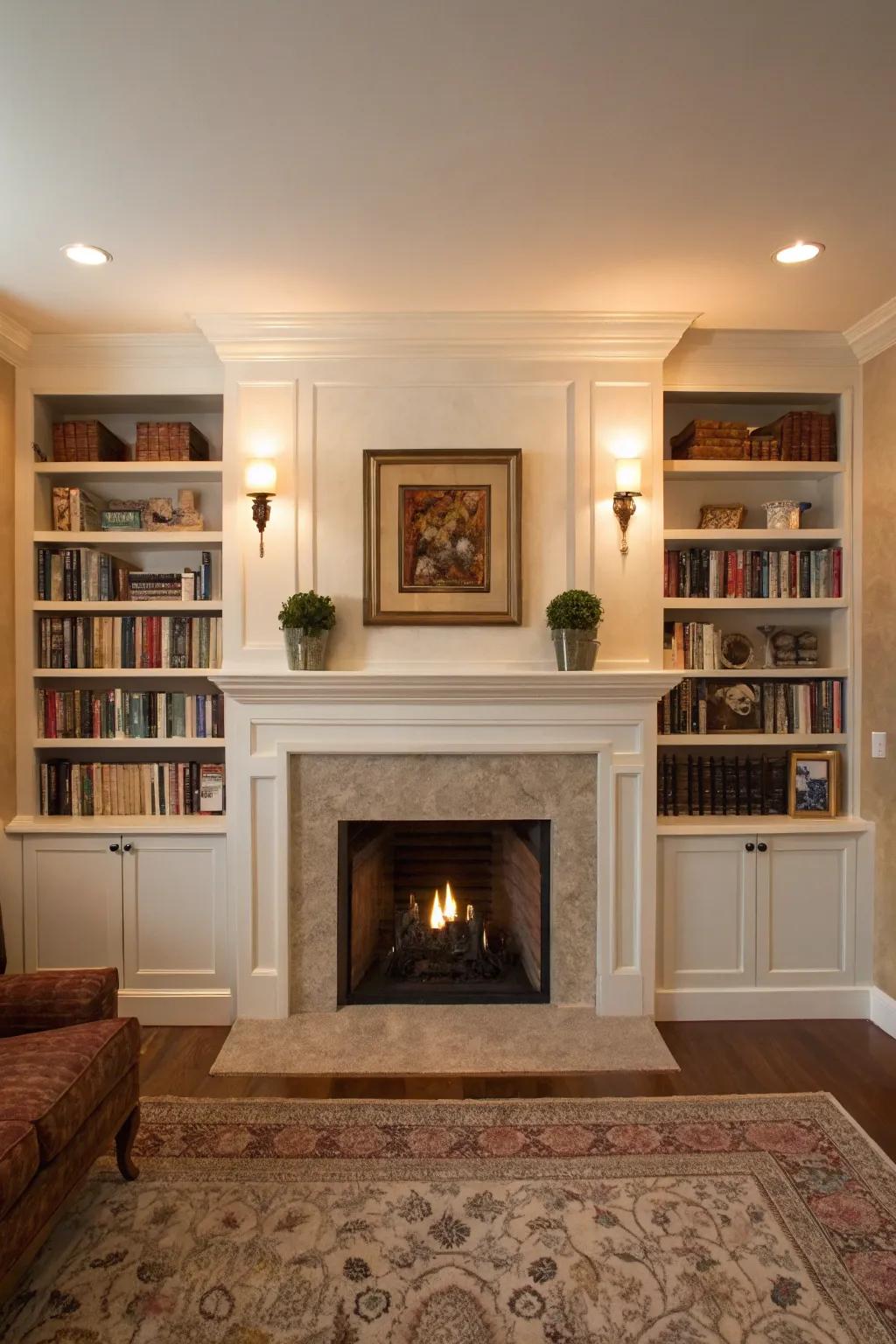 Symmetry enveloping a drywall fireplace encourages serenity.