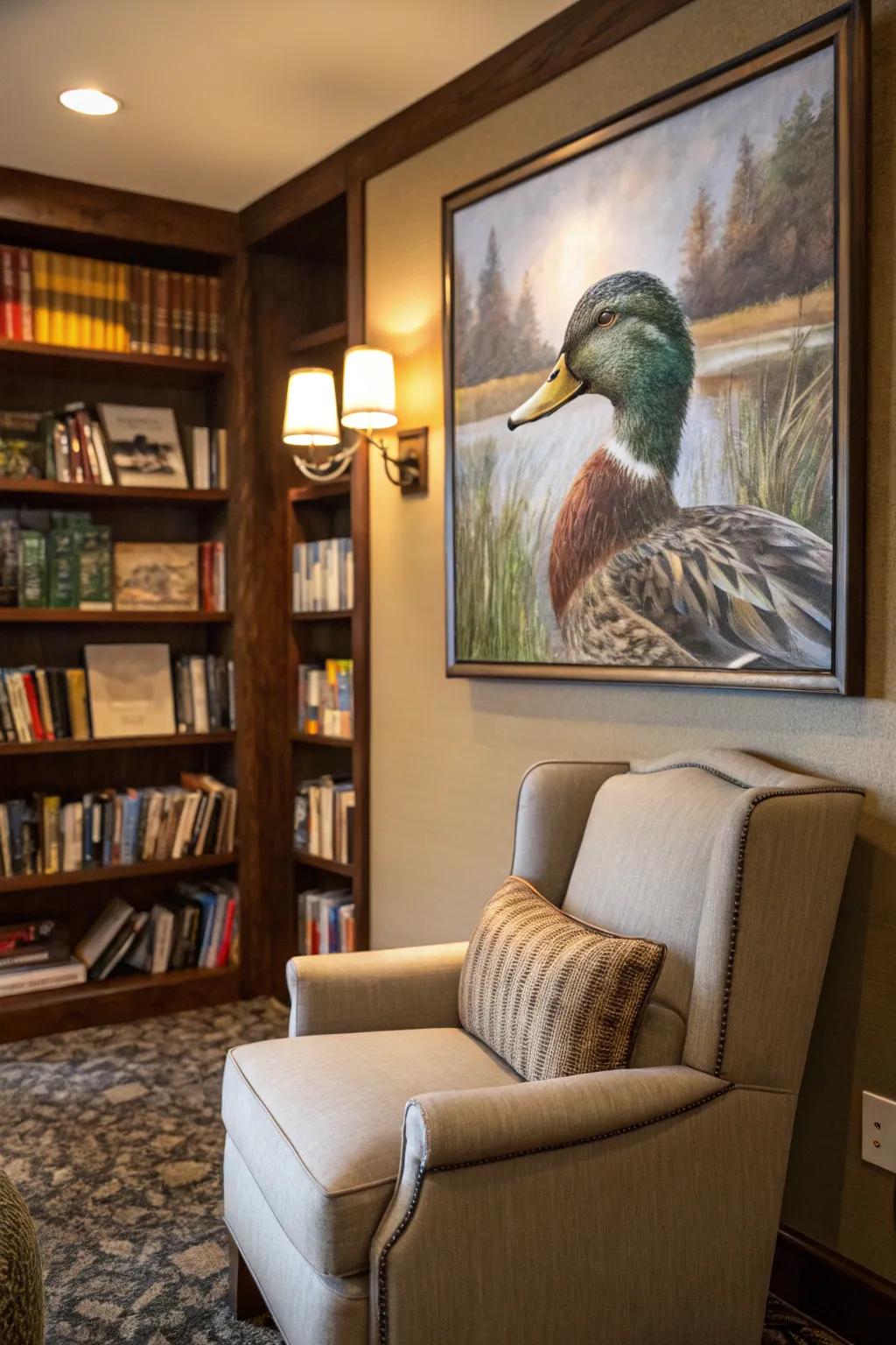 A lifelike aquatic bird rendering provides a tranquil centerpiece.