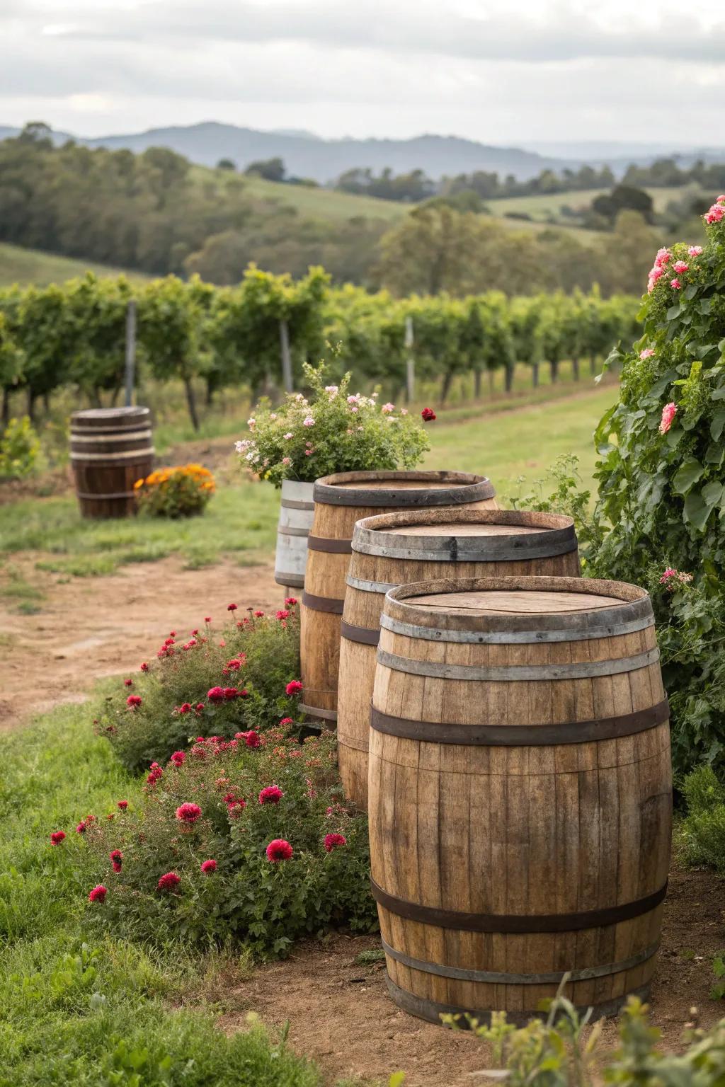 Vintage casks lend a countryside charm to trash receptacle enclosures.