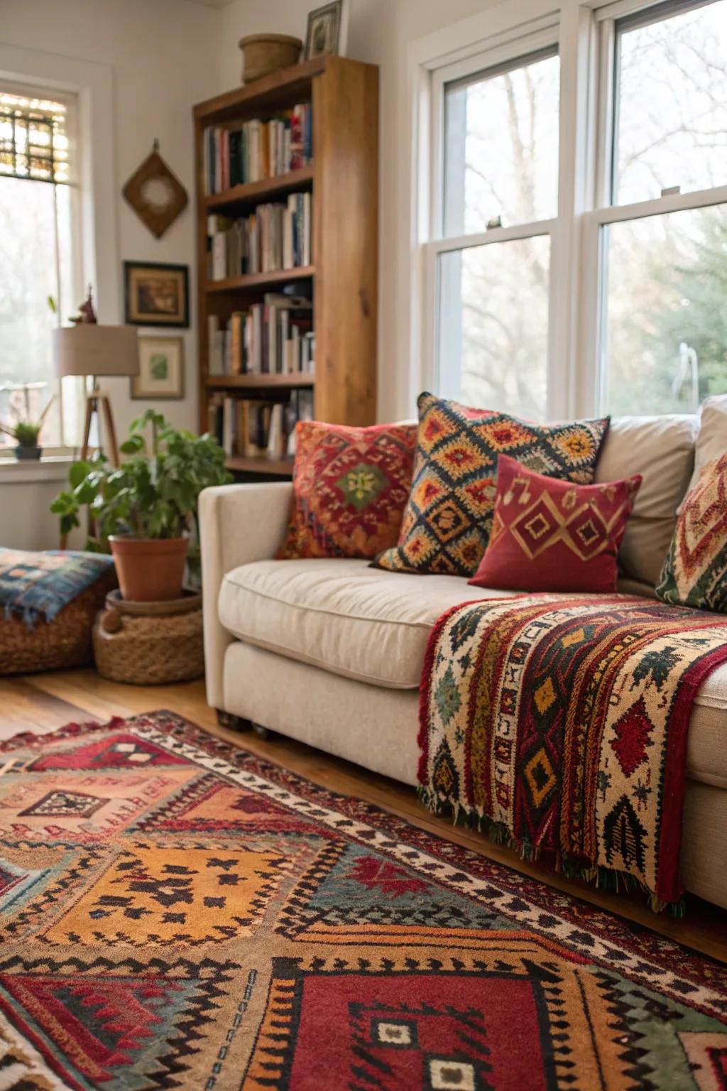 Lounge showcasing ethnic-designed ornamentation for a bohemian vibe.