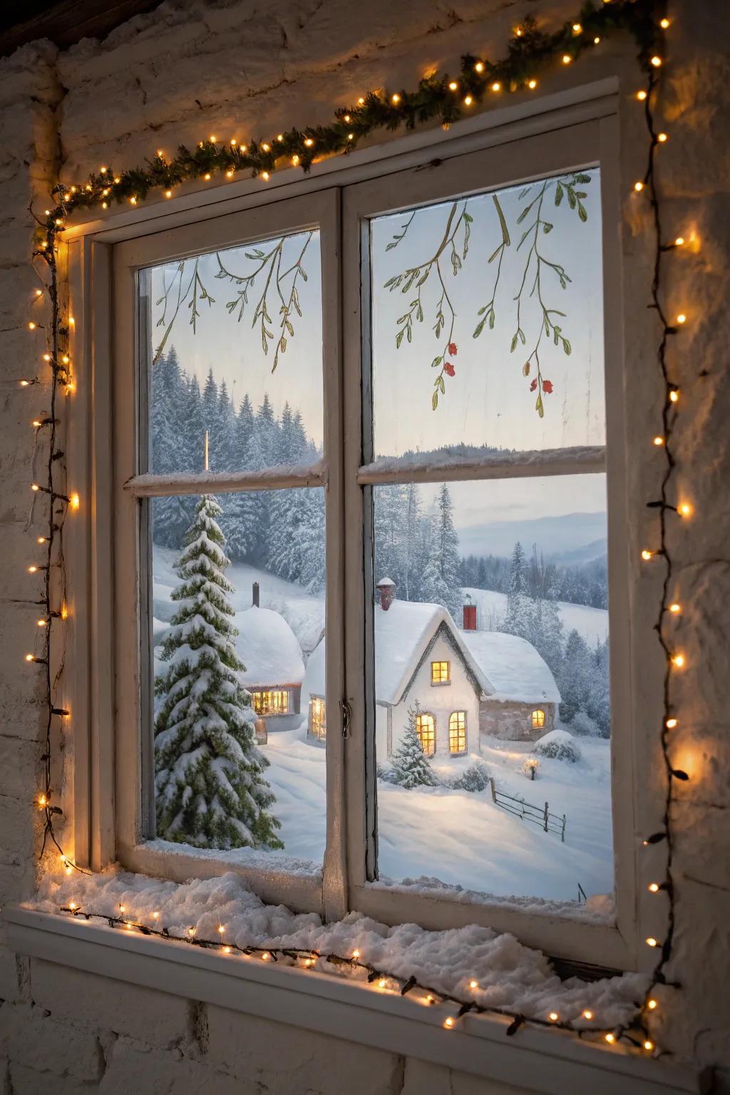 A serene snow-dusted hamlet illuminated by festivity illuminations