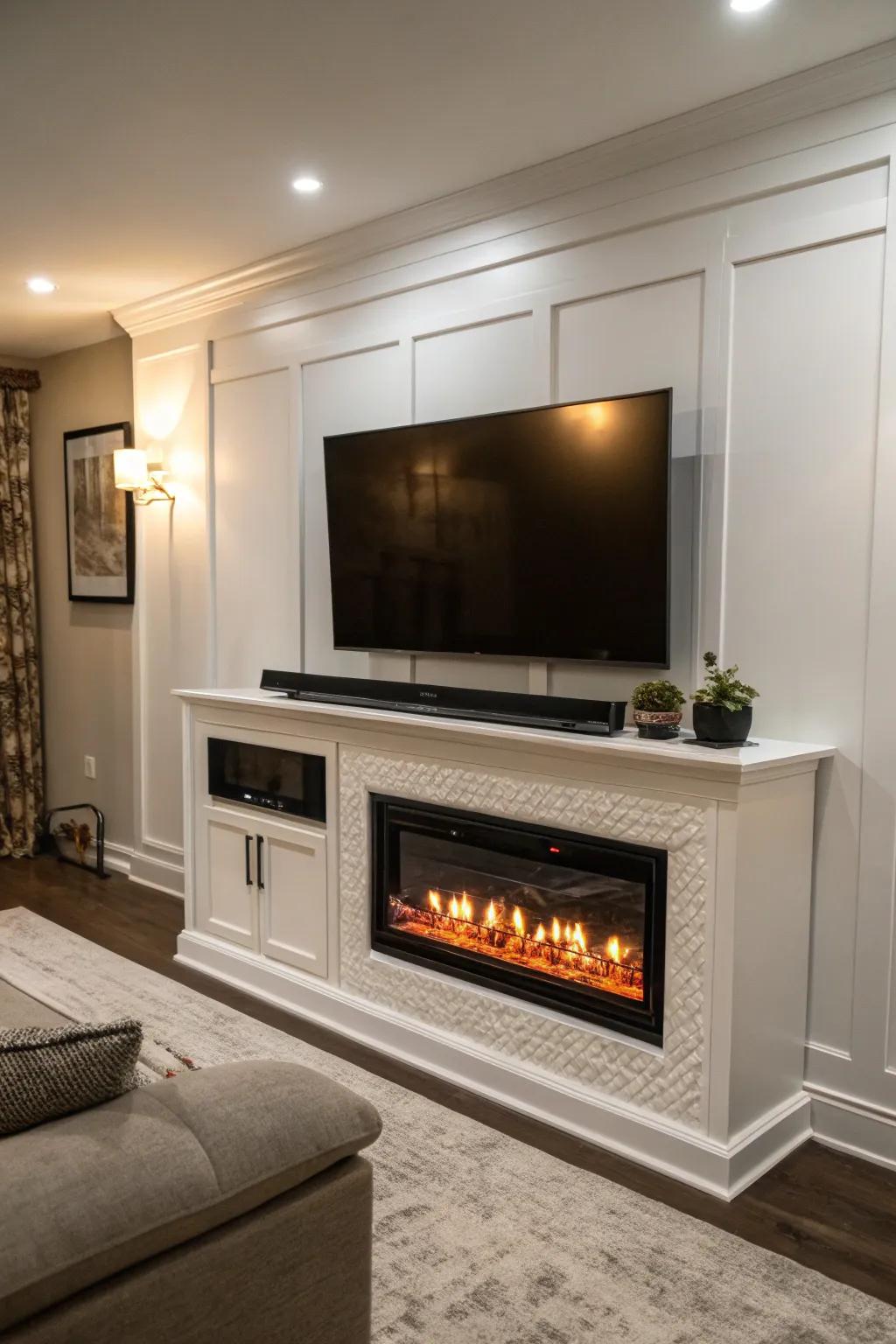 A contemporary entertainment arrangement featuring a TV above an electric heat center