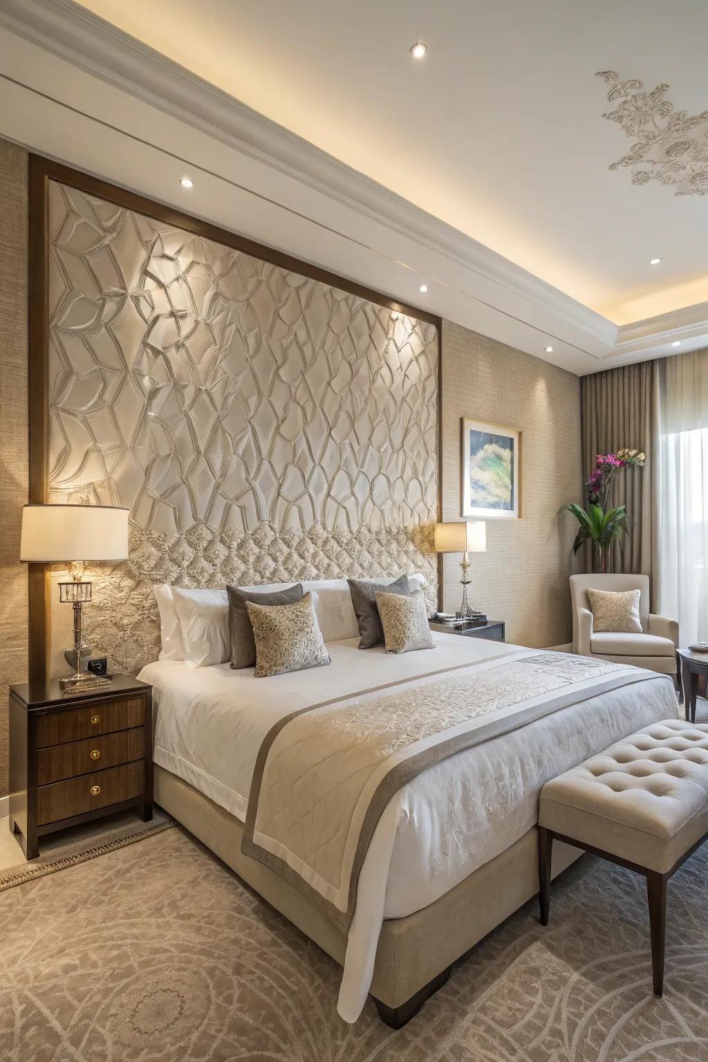 A luxurious bedroom featuring a striking textured feature wall.