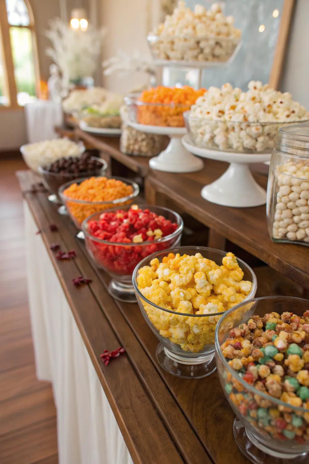 An array of popcorn extras beautifully arranged in small glass bowls for guest customization.