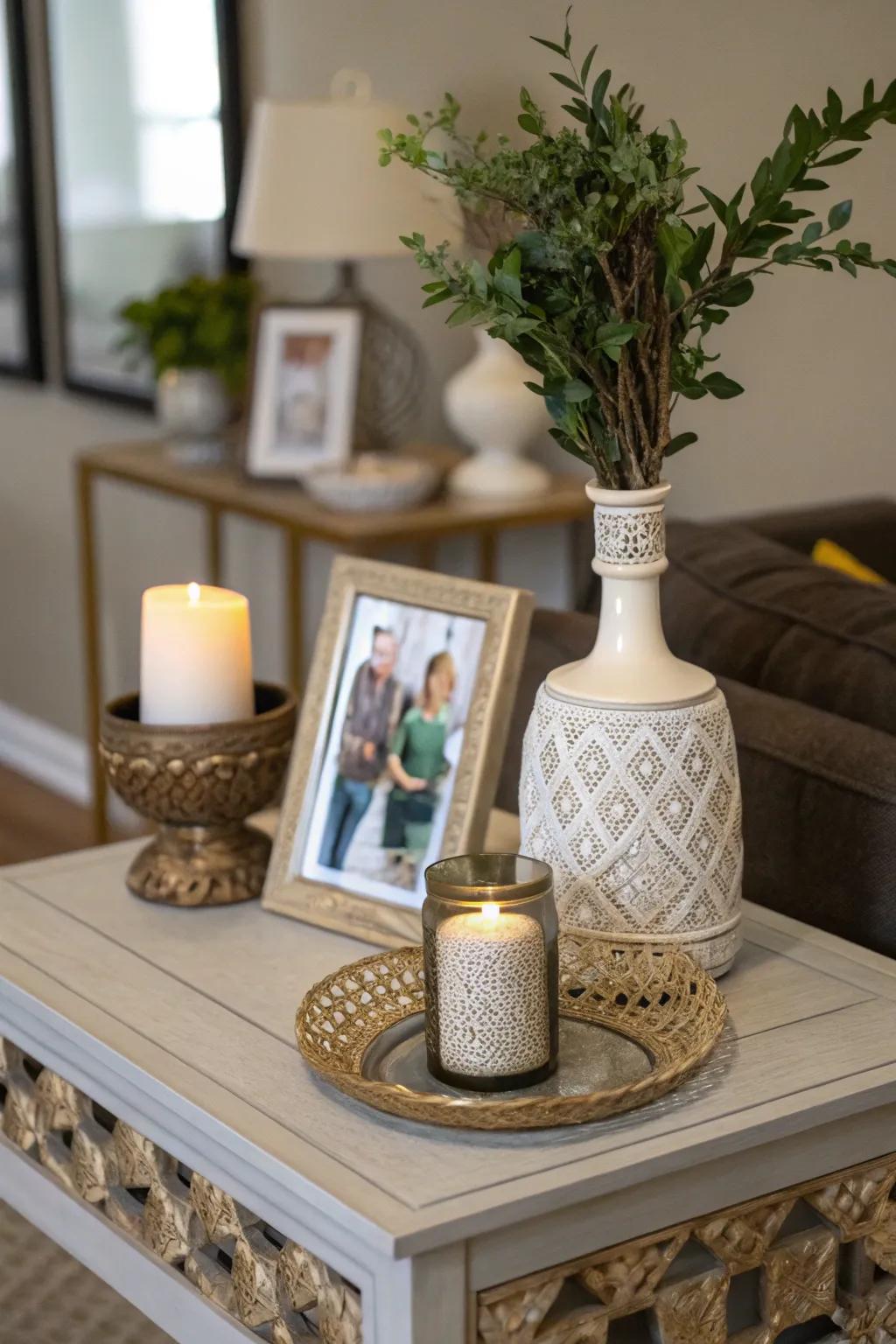 Creating a personal space using framed photos on a side table.