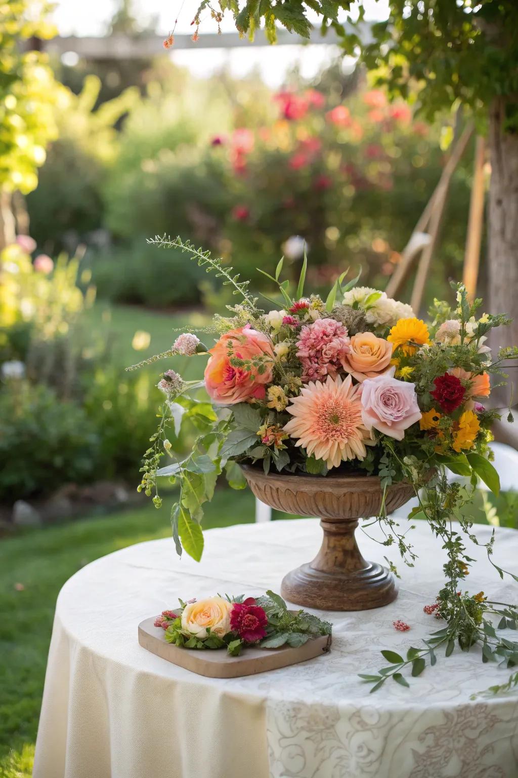 Floral centerpieces contribute to the garden tables' bursts of color.
