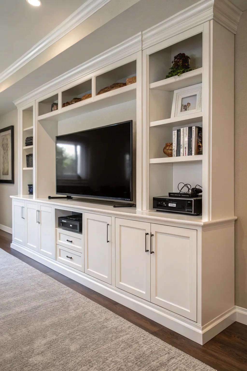 An entertainment setting presenting smart storage through integrated closets.