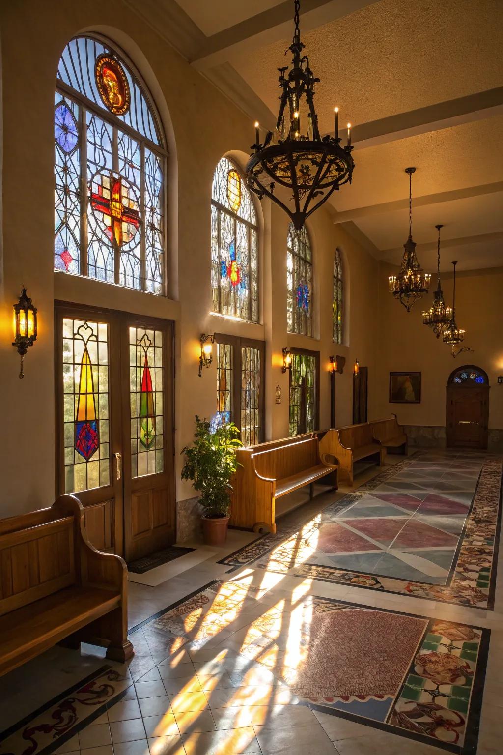 Strategic lighting enhances the tranquil ambiance of the church foyer.