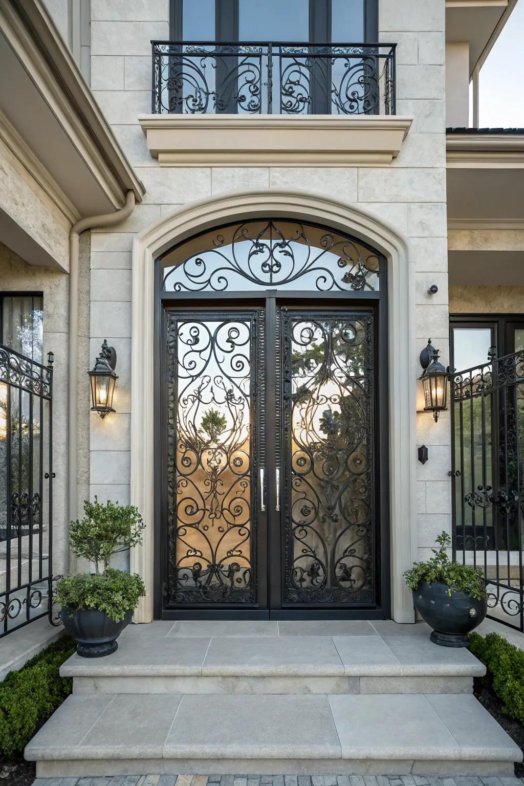A modern industrial iron door featuring detailed designs.