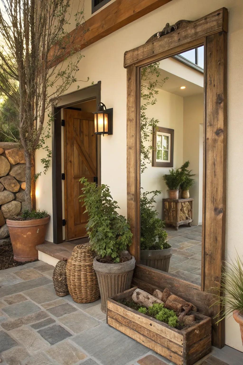 Rustic warmth comes to life with a recovered wood-framed mirror in the entryway.