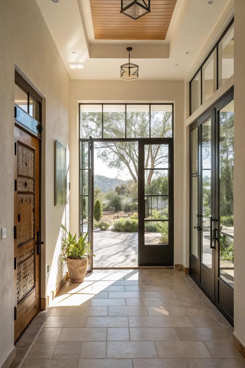 An entryway featuring glass doors that enable ambient lighting to cultivate a modern, airy sensation.