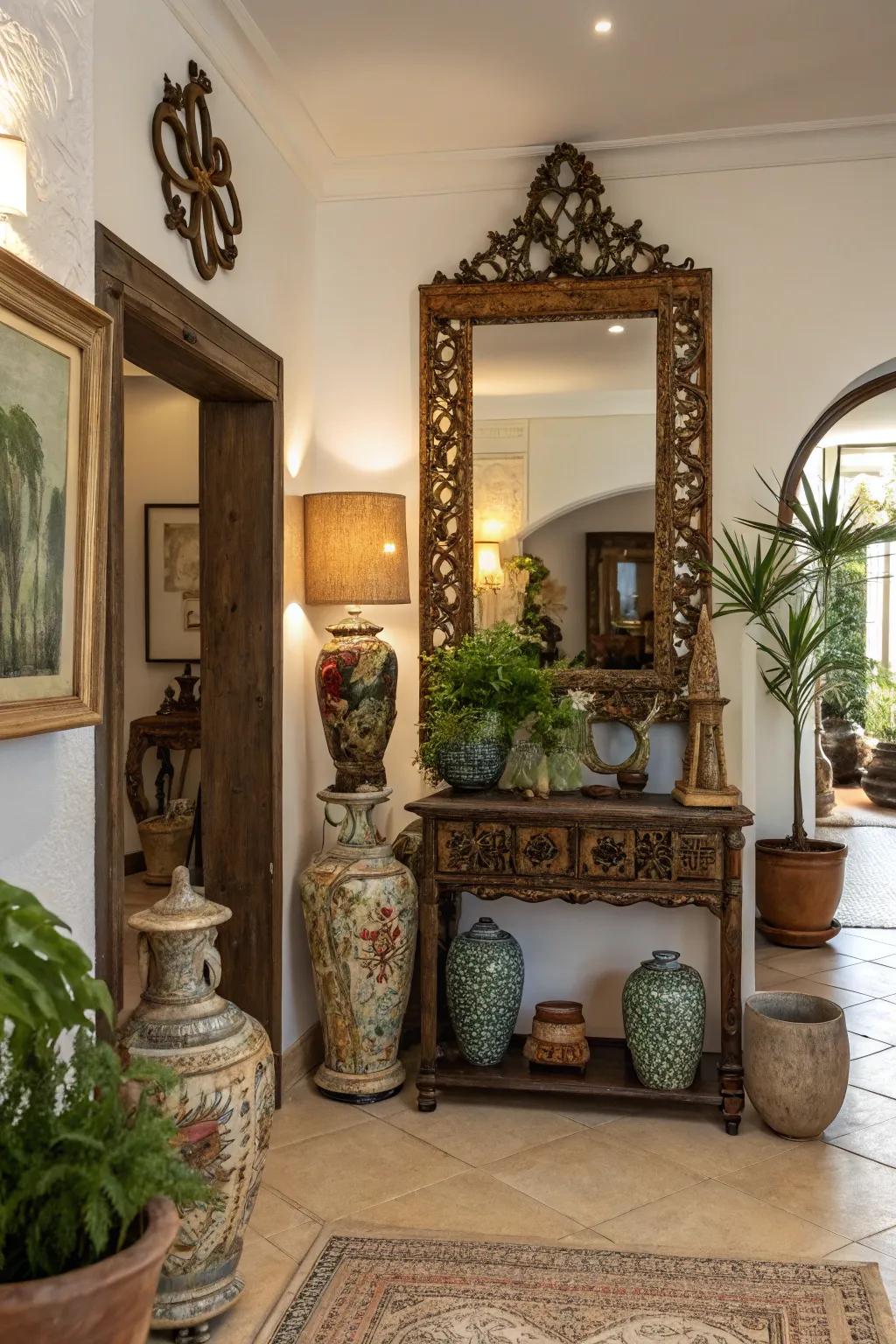 Vintage finds impart history and individuality to foyer decor.