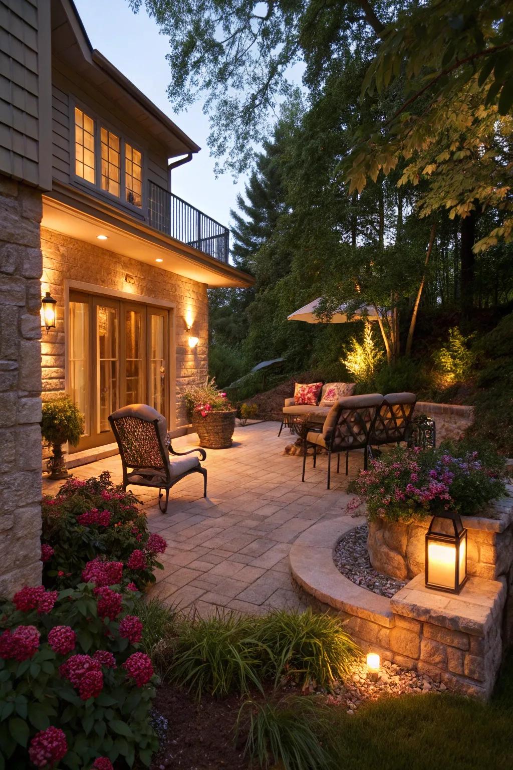 Warm exterior lighting creates a comfortable atmosphere on an exit basement outdoor area.