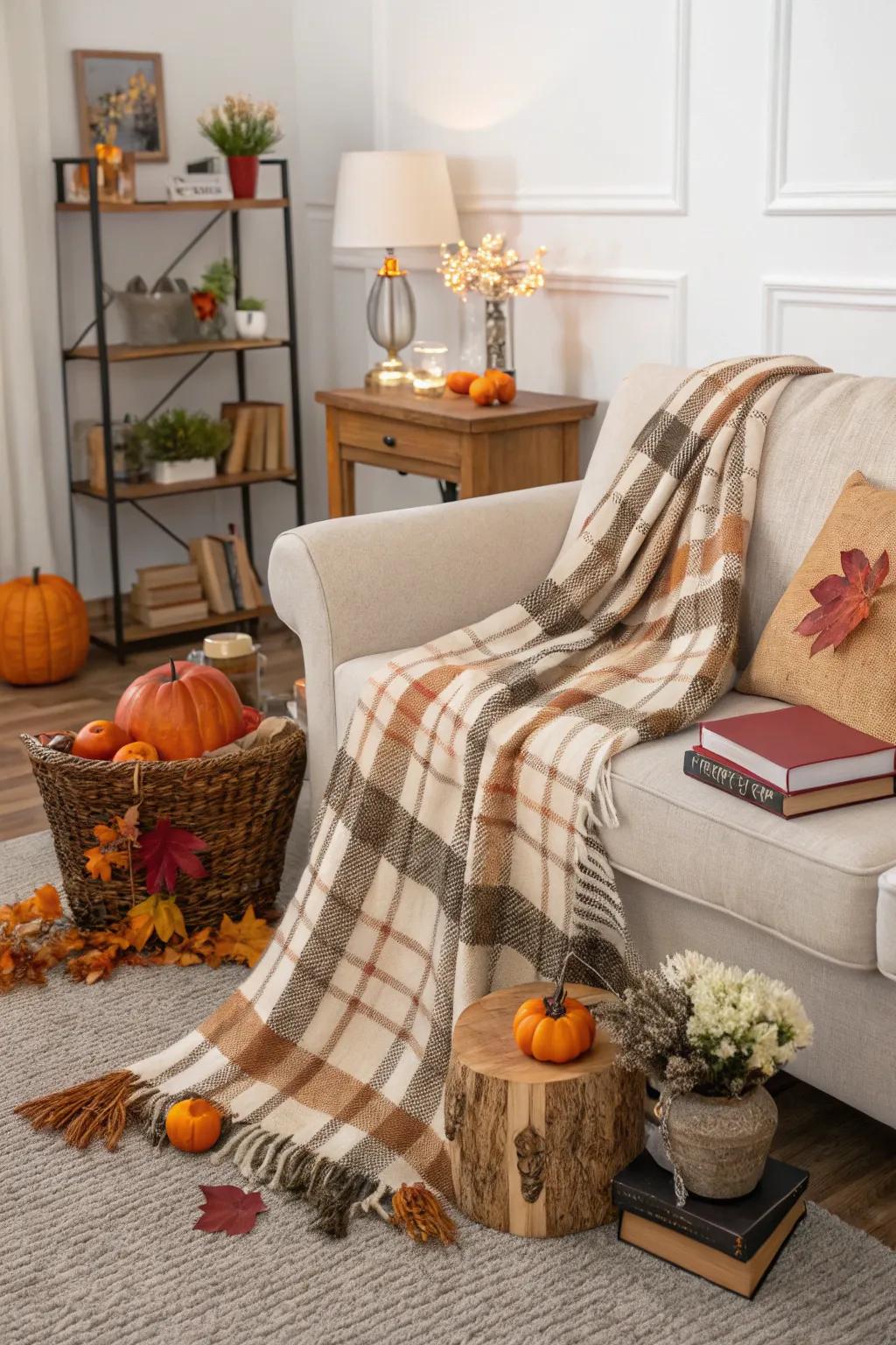 Plaid fabrics add warmth and style to a fall-themed living room.