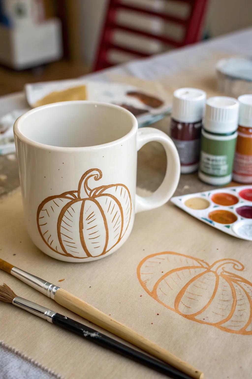 DIY stenciled mug with a gourd design.