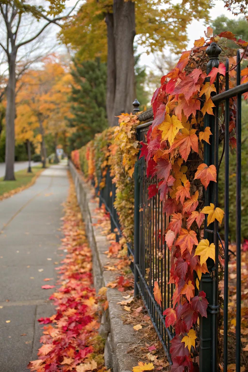 Garlands of autumn foliage gracefully adorn a fence.