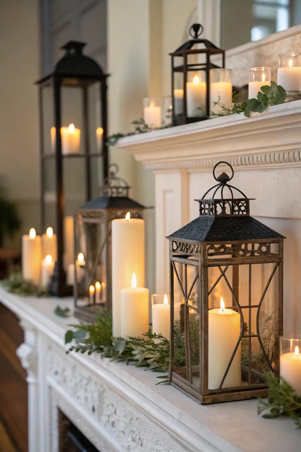 Tapers and beacons arranged symmetrically on an autumnal fireplace.