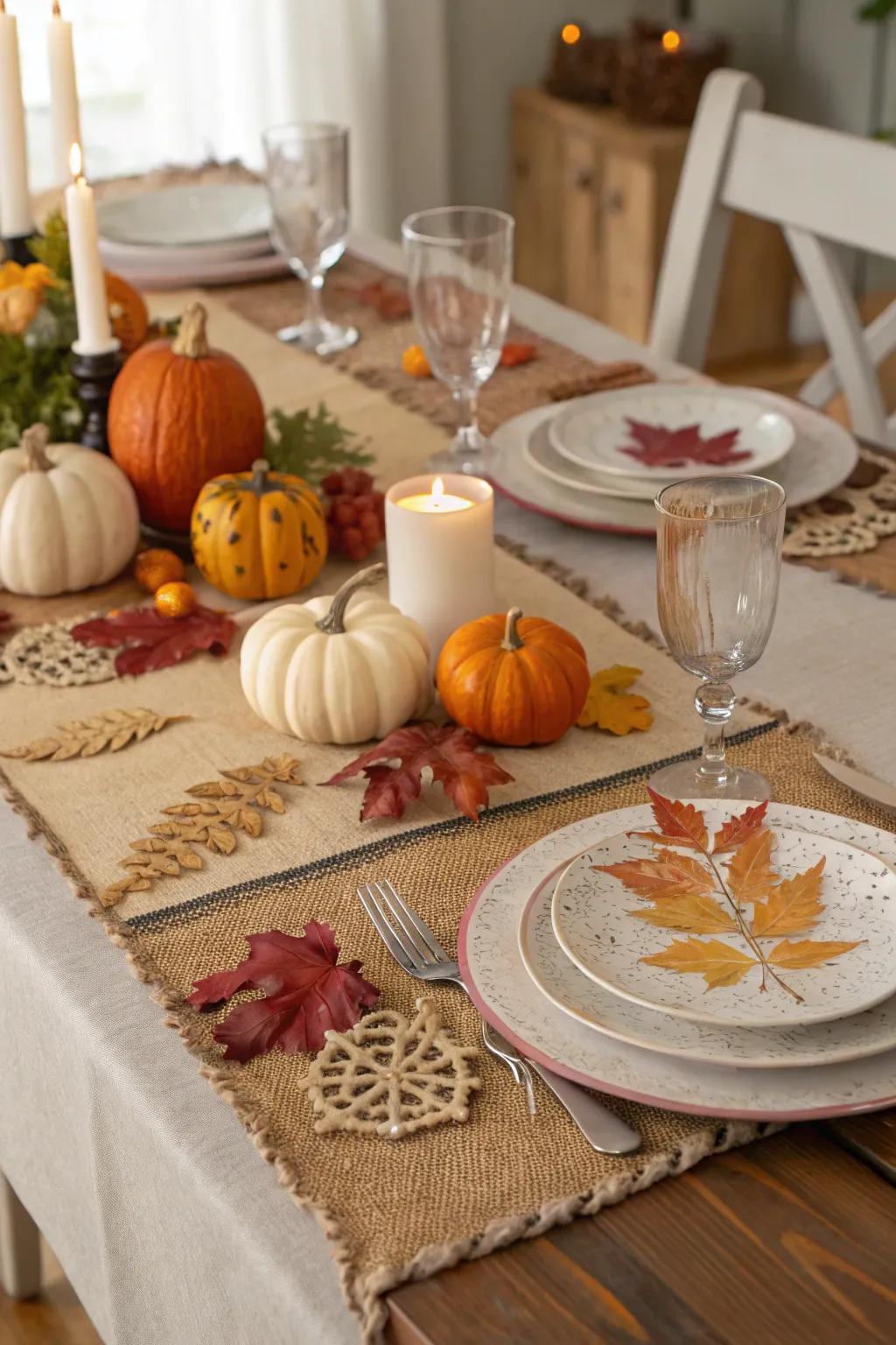 Textured fiber runners present a down-to-earth base for your autumn dining arrangements.