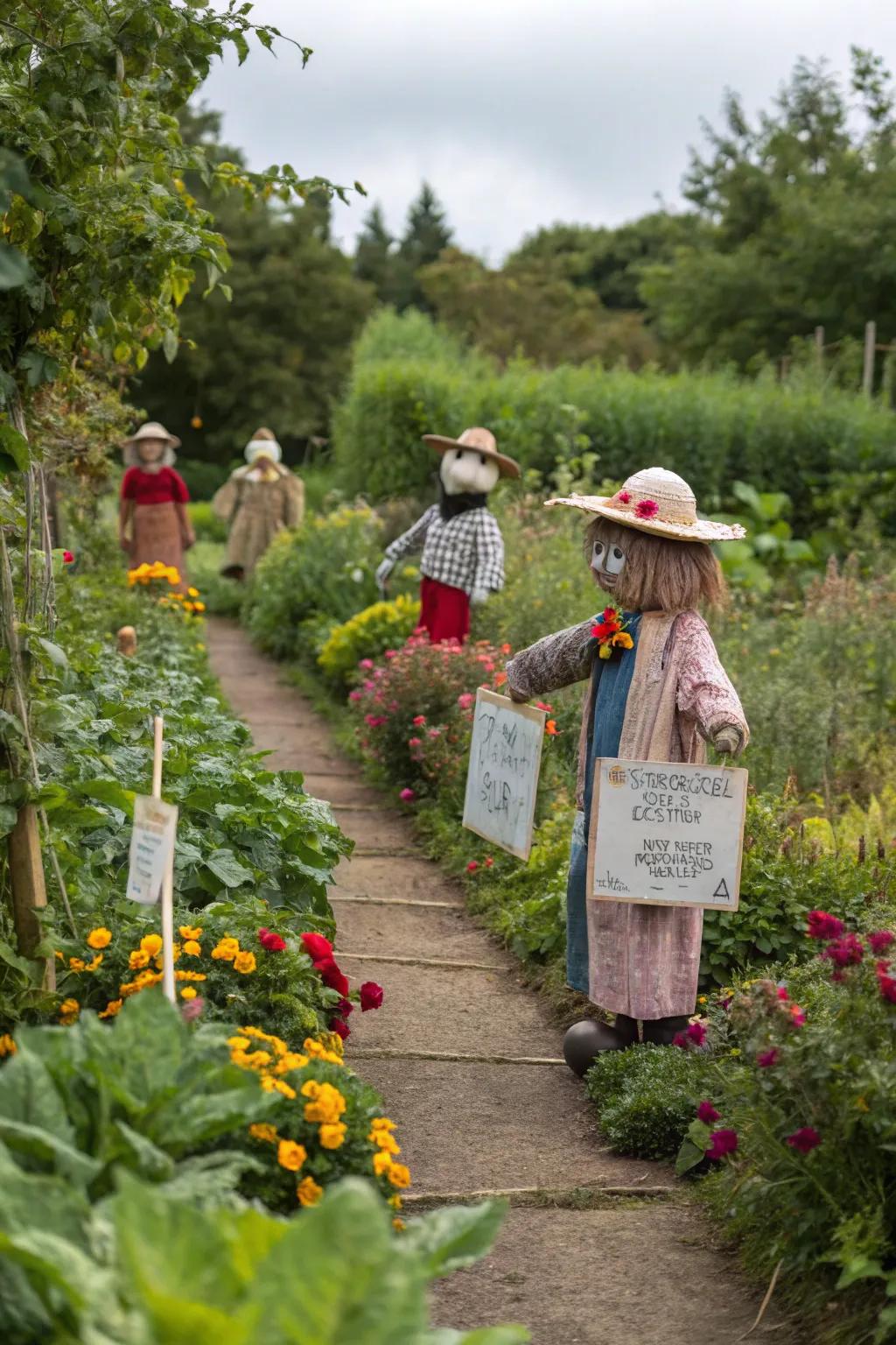 Inventive scarecrows created during a fall gathering.