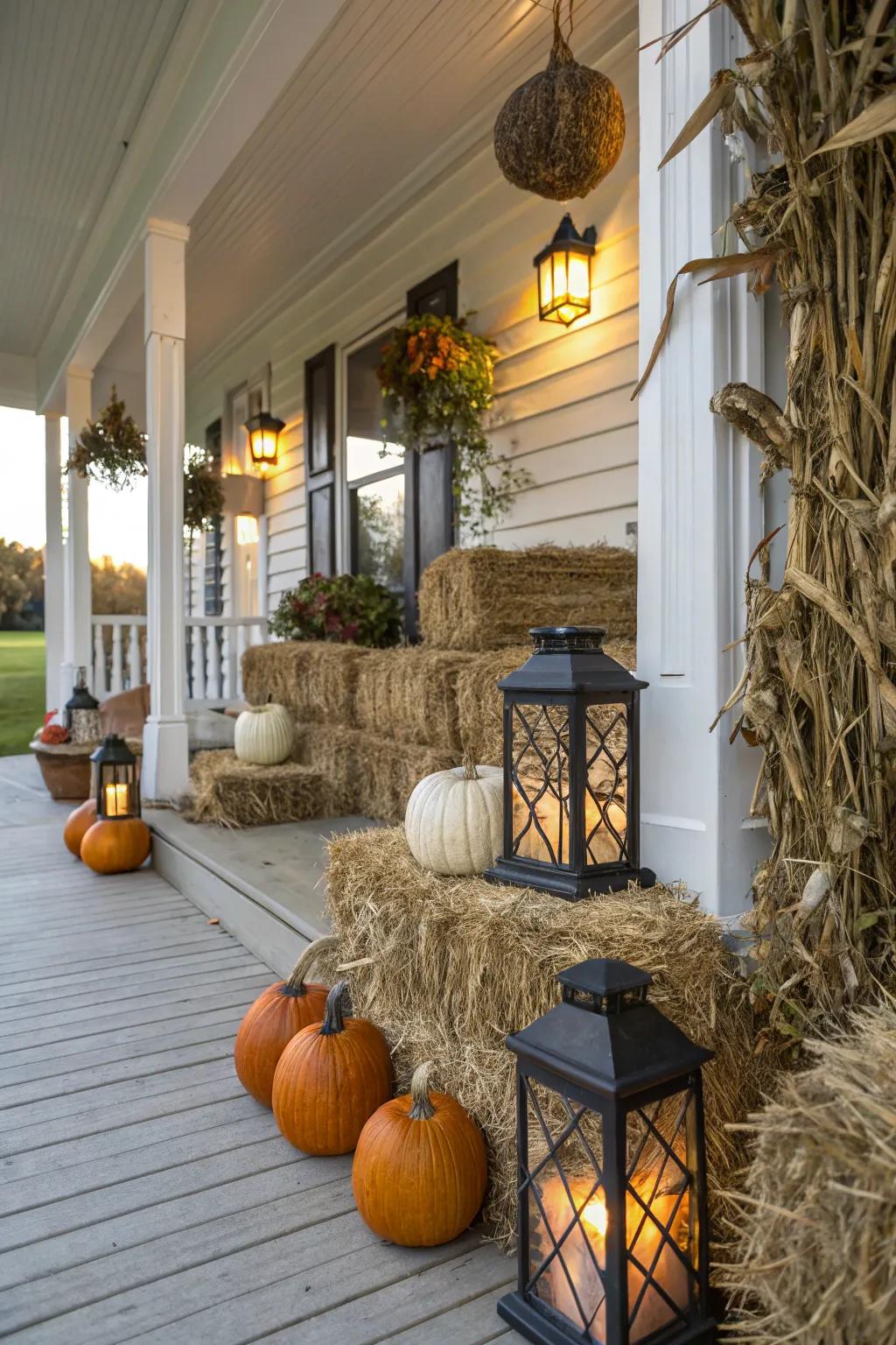 Countryside fodder bundles and stover furnish a captivating backdrop for fall aesthetic.