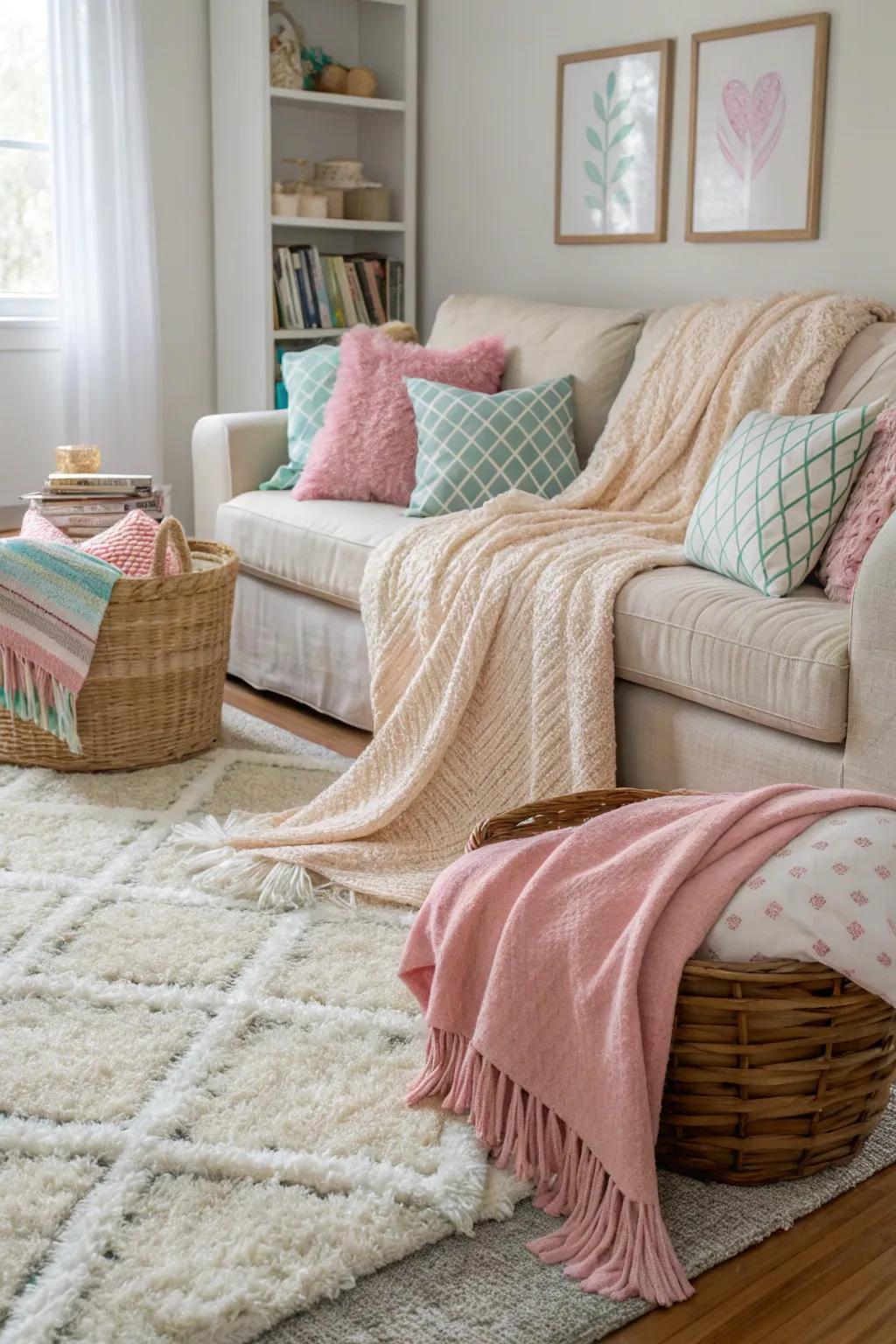 A comfortable family room amplified with layers of fabrics.
