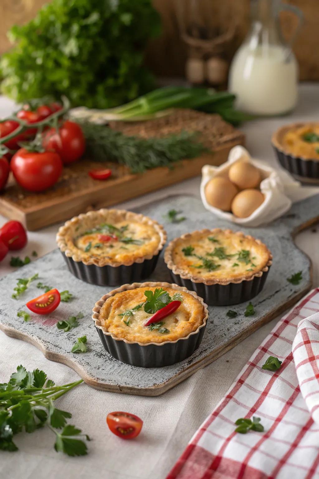 Mini quiches provide an enjoyable and practical way to enjoy breakfast.