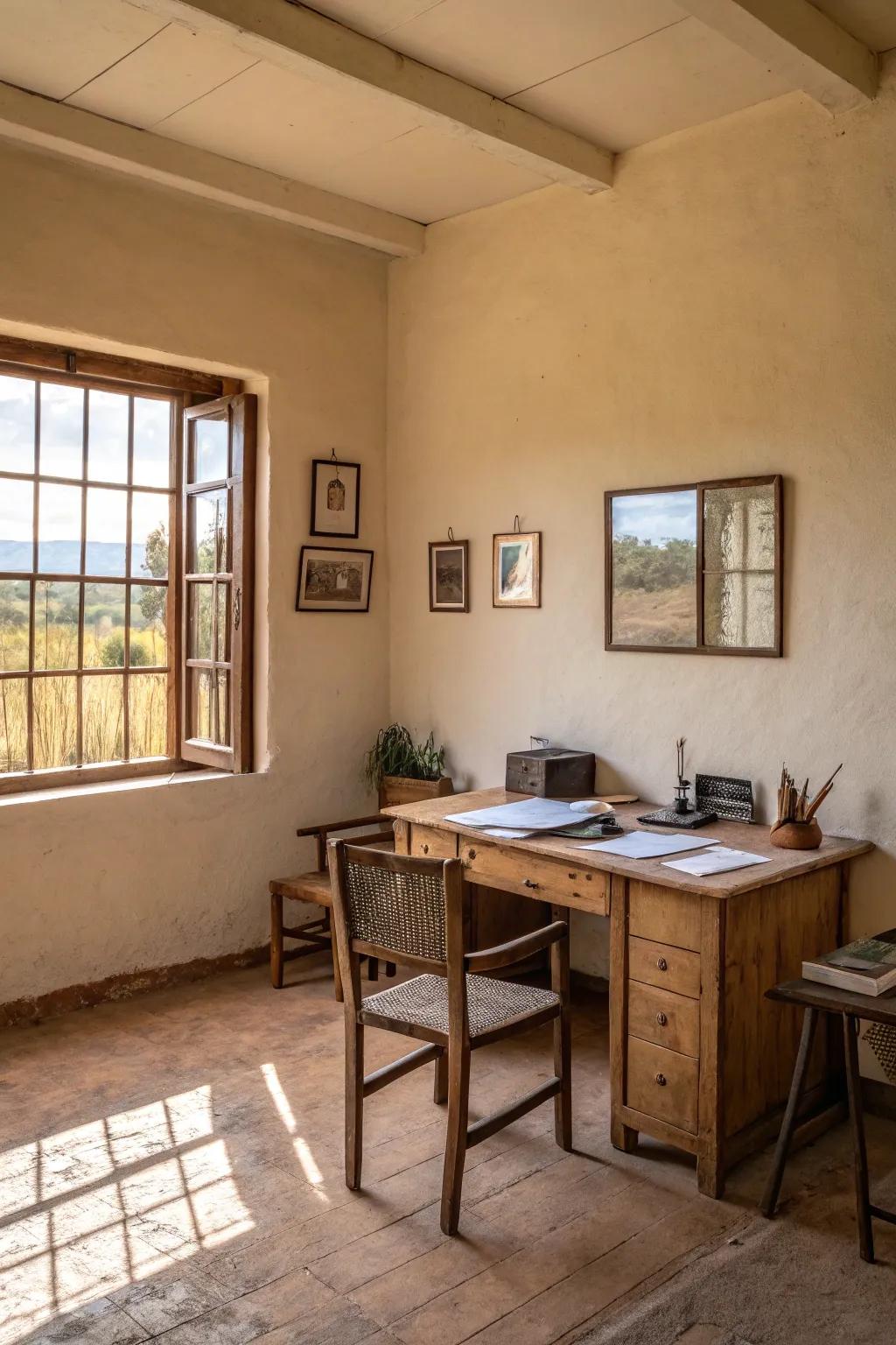 A quiet workspace boasting a soothing neutral palette.