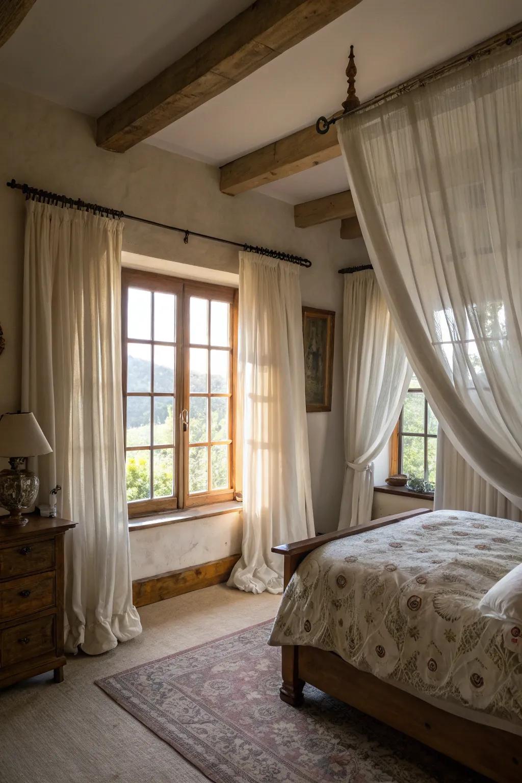 Stratified gossamer and hefty coverings conceiving depth within a countryside bedchamber.