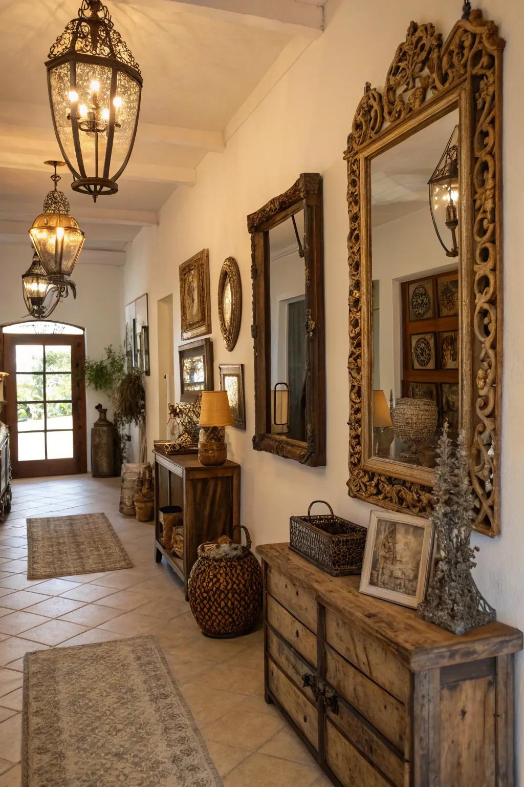 A farmhouse entryway enlivened by the sophistication of period mirrors.