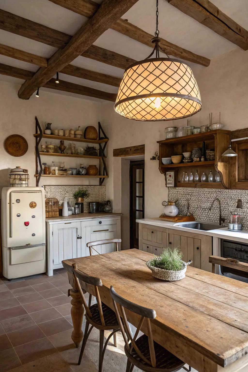 An eye-catching hanging light illuminating a snug country-style cooking space.
