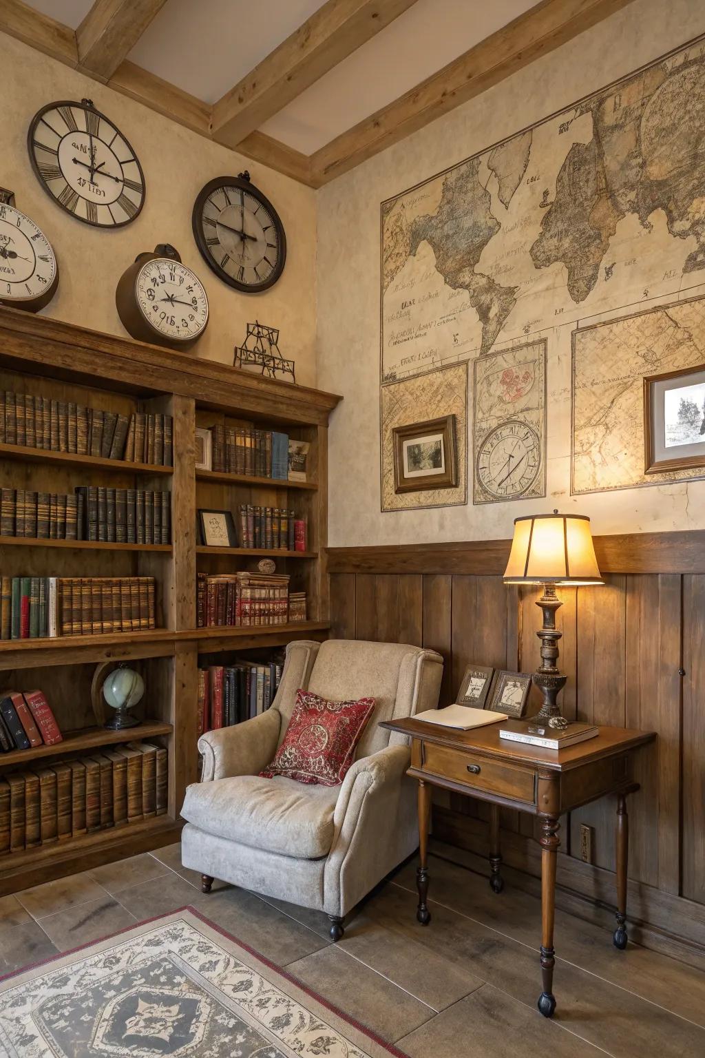 Time-worn details such as antique clocks bring nostalgia to the library.