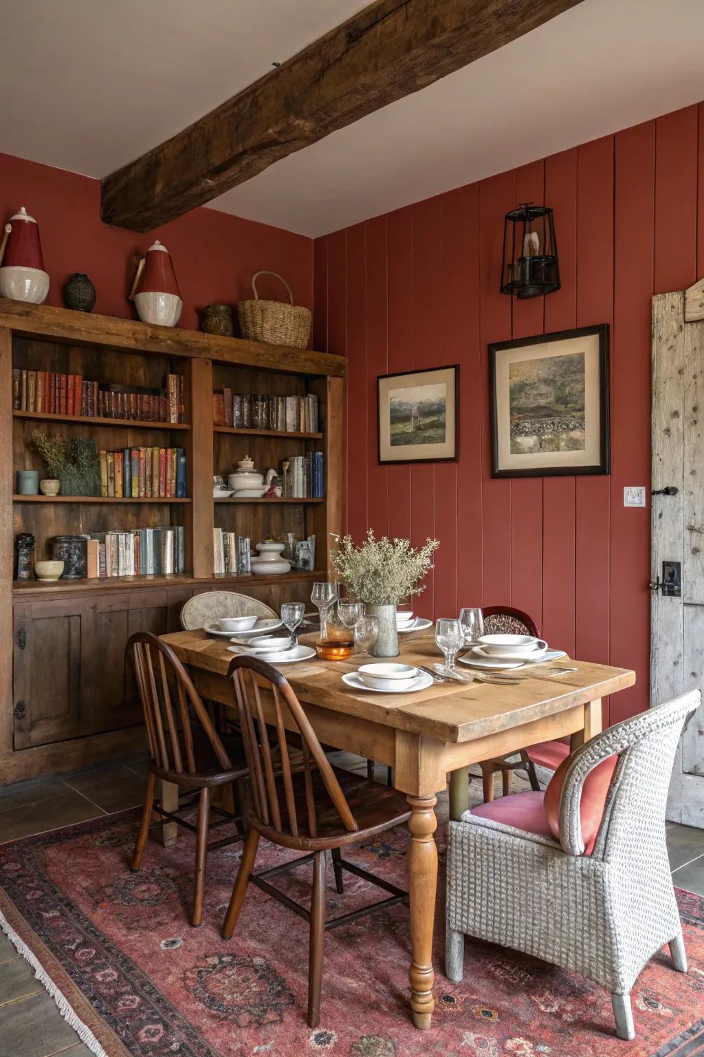 Walls painted in countryside red infuse warmth and distinctiveness into this dining area.