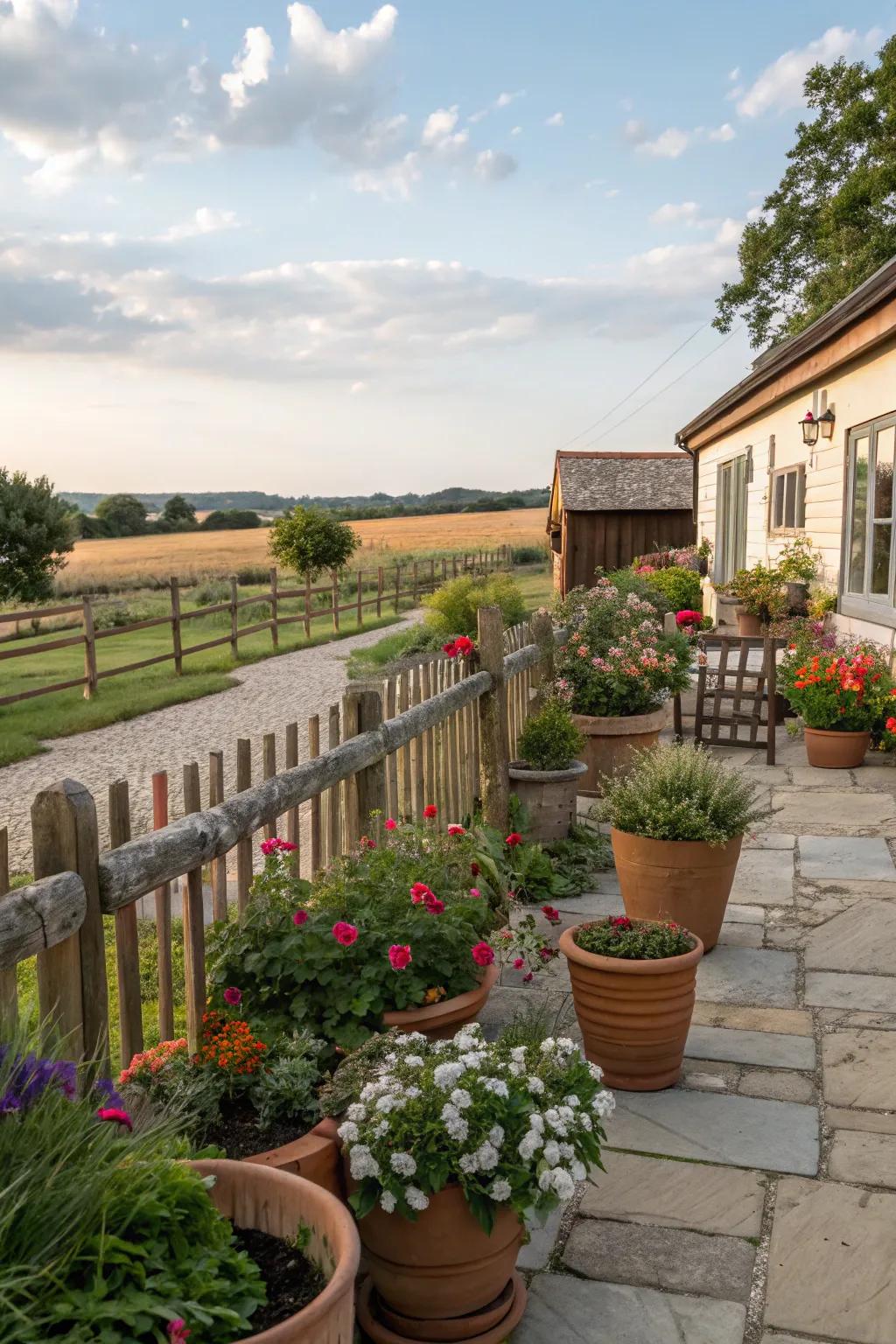 Lush potted plants introduce vibrant verdure to a farmhouse patio.
