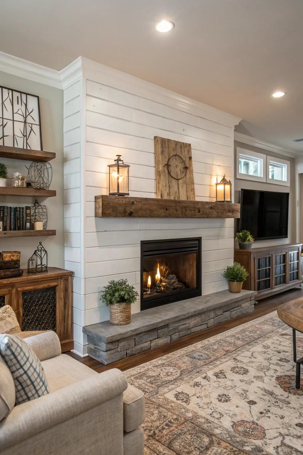 A fusion of country and contemporary components crafts a fashionable fireplace.