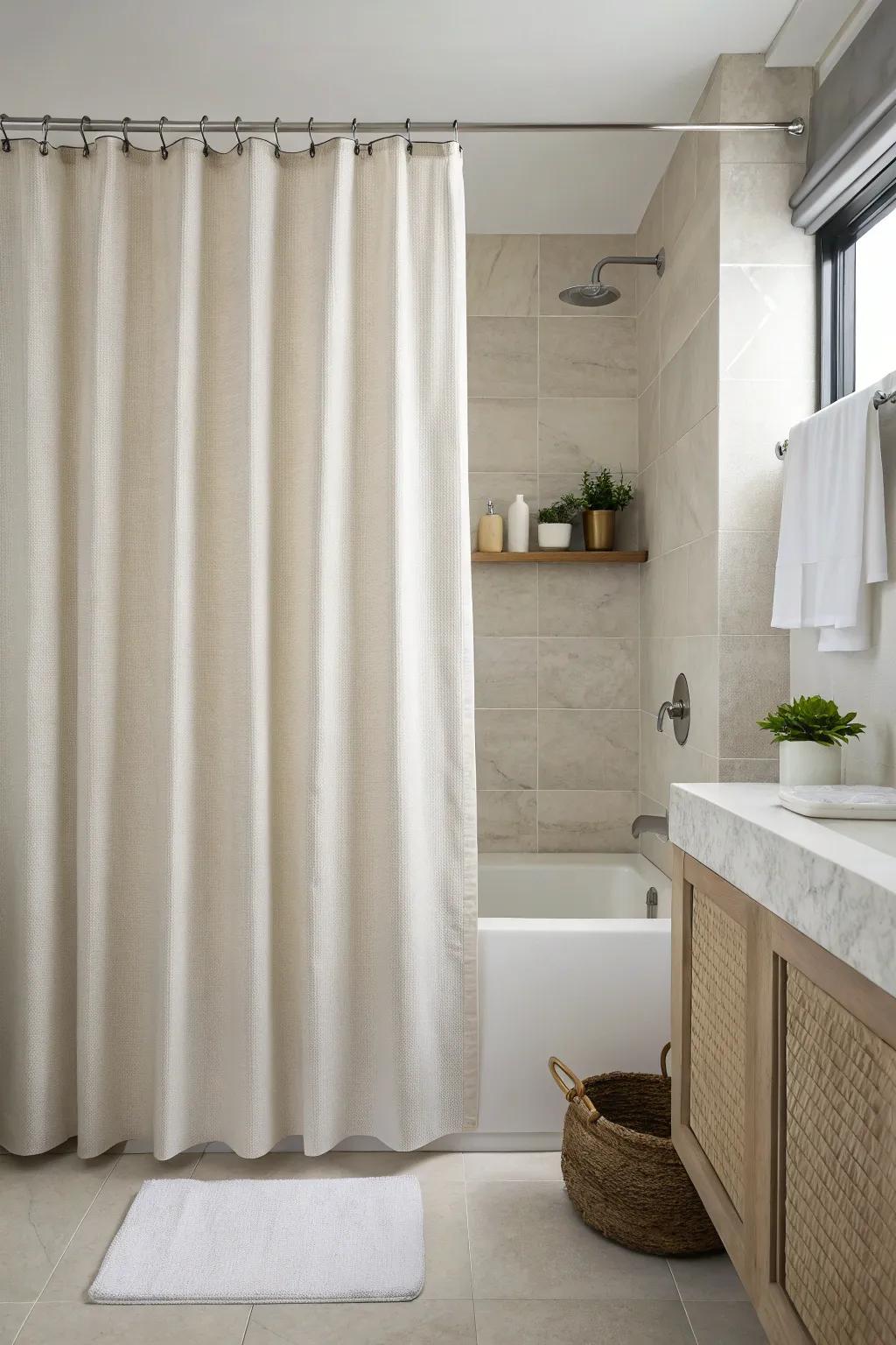 A minimalist lavatory with a simple and sophisticated shower drape design.