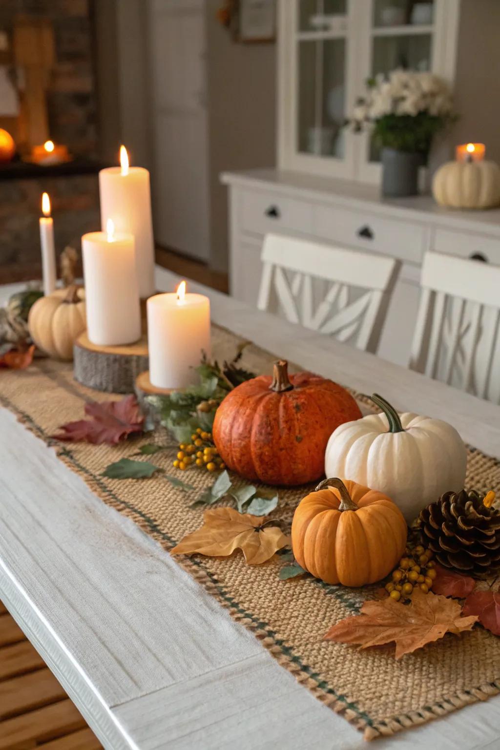 Seasonal touches like gourds enhance the piece's appeal.